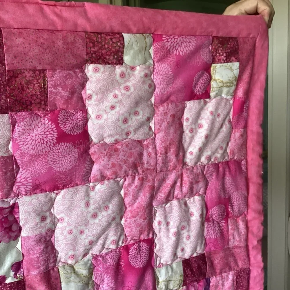 NWT. Hand Crafted Gold and Pink Hydrangea Lap Quilt